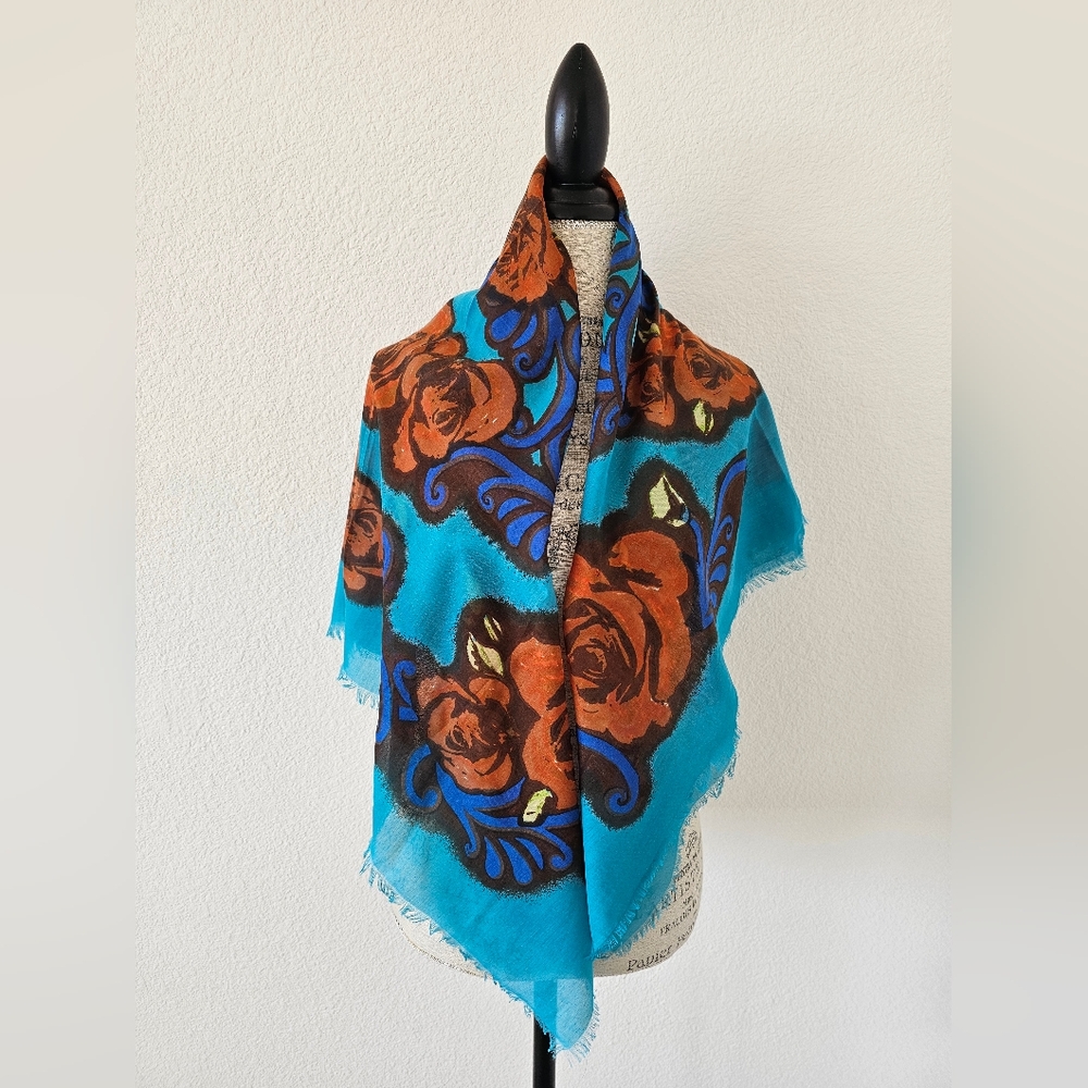 Cynthia Rowley Oversized Floral Gauze Wrap - Vibrant Teal & Rust Orange Roses